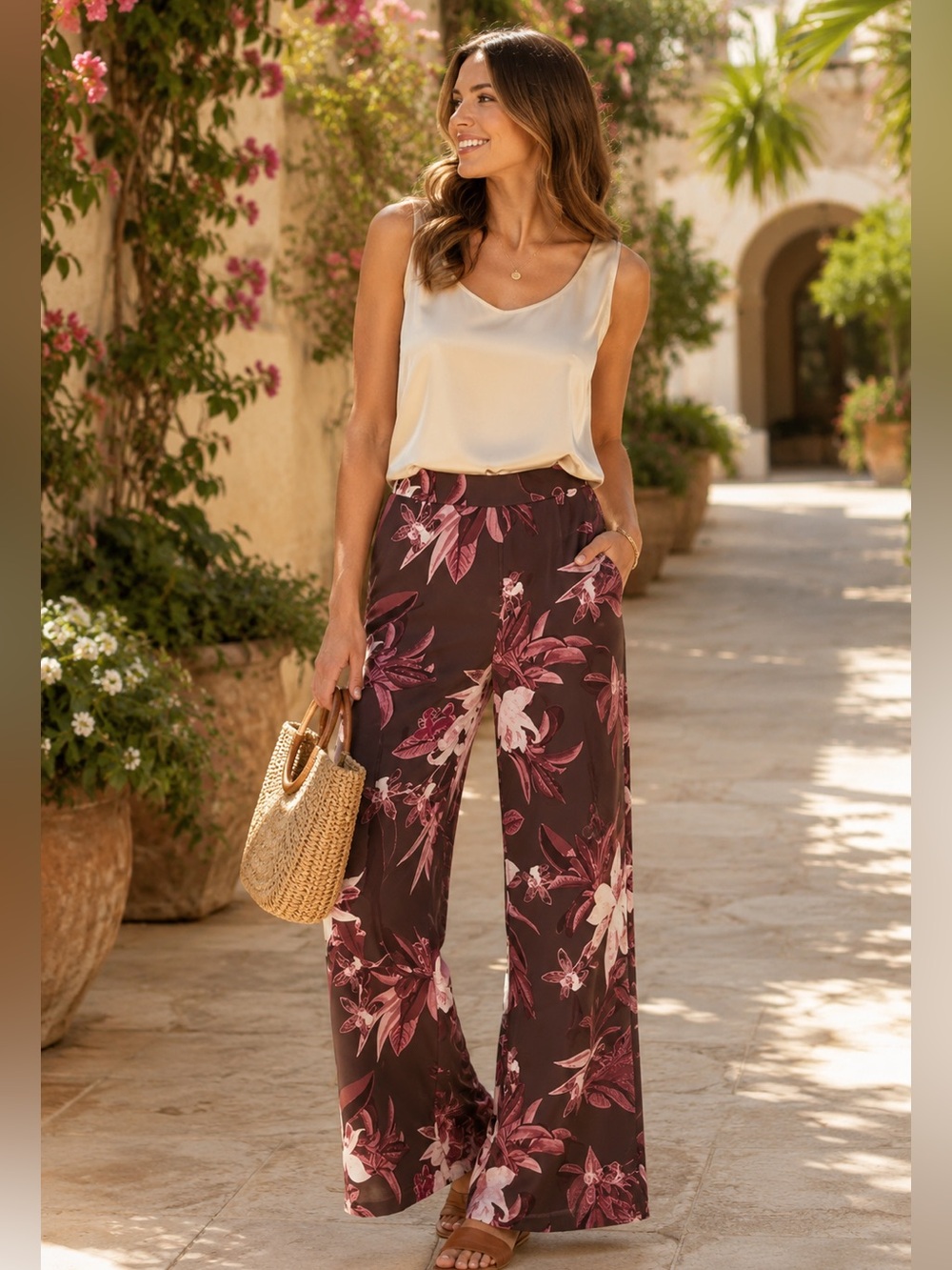 Chico's El Cielo Wide Leg Print Pants Floral Pink Mauve Cream Size 00R or 2R